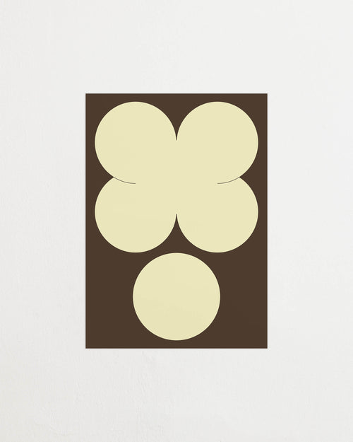 Art print featuring playful, bold typography of the letters X and O, hugs and kisses, in off-white against a dark brown background. Featured against a light background.